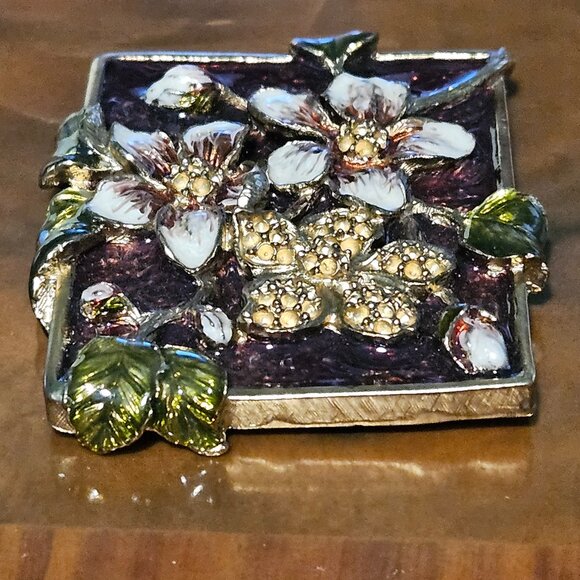 RARE JAY STRONGWATER MAROON DOGWOOD FLOWER VANITY MAKEUP ENAMEL MIRROR - Picture 9 of 12